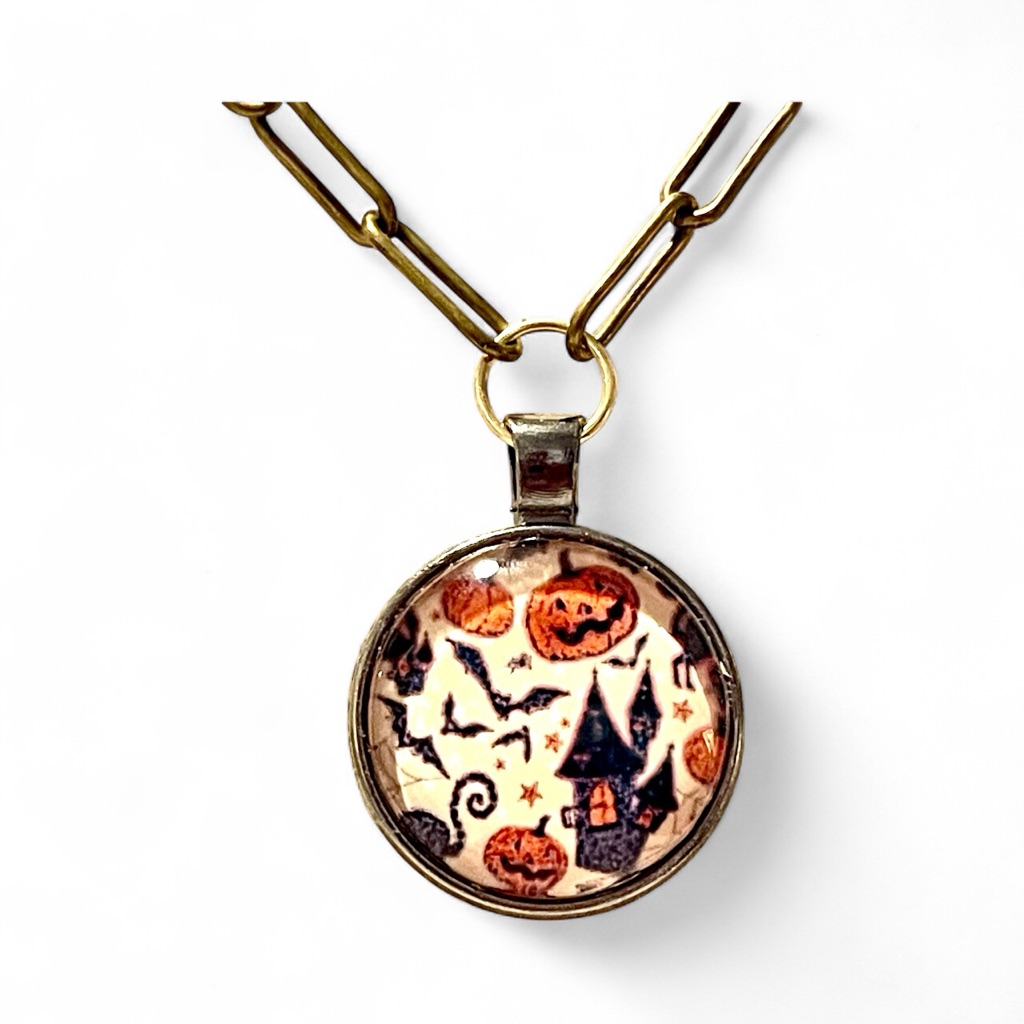 Halloween Themed Haunted House Pendant Paperclip Chain Necklace 17”